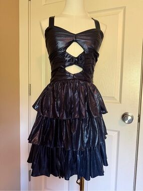 Metallic Navy Tiered Ruffle Dress with Cutout Front